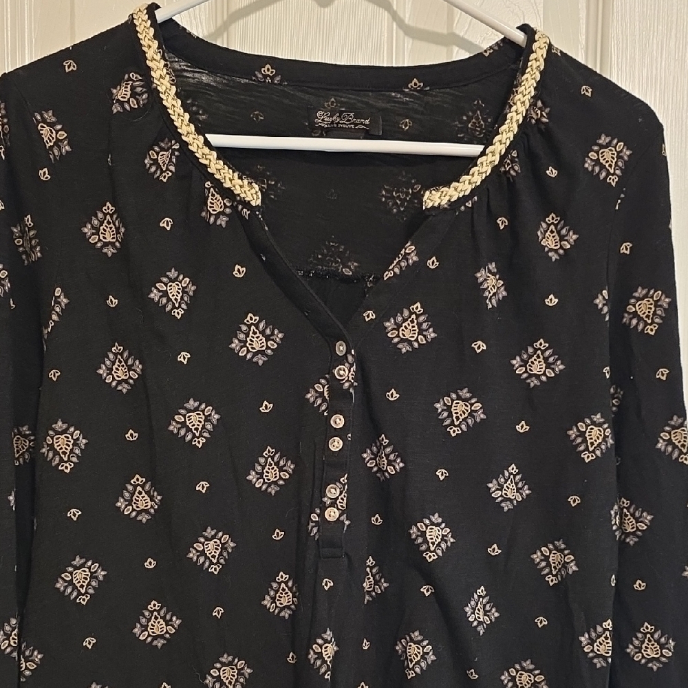 Lucky Brand Black and Tan Embellished 3/4 Sleeve Blouse